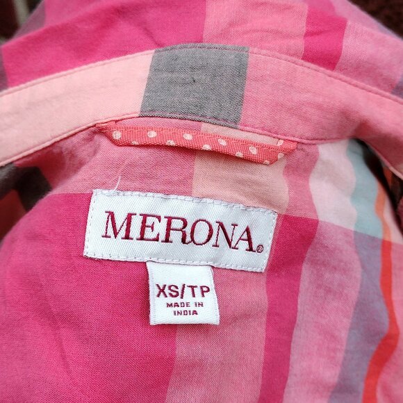 NWT Merona Pink Mixed Colors Plaid Cotton Long Sleeve Button Up Shirt, Size XS - Picture 9 of 9